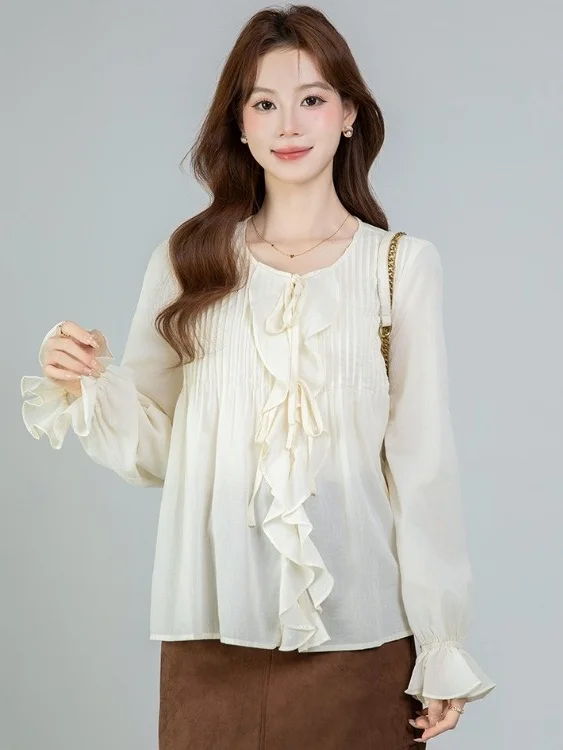 

Spring Autumn 2026 Loose Fit Long Sve round Ne Blouse Women's Gentle Sle Slimming Thin irt French Sle Polyester