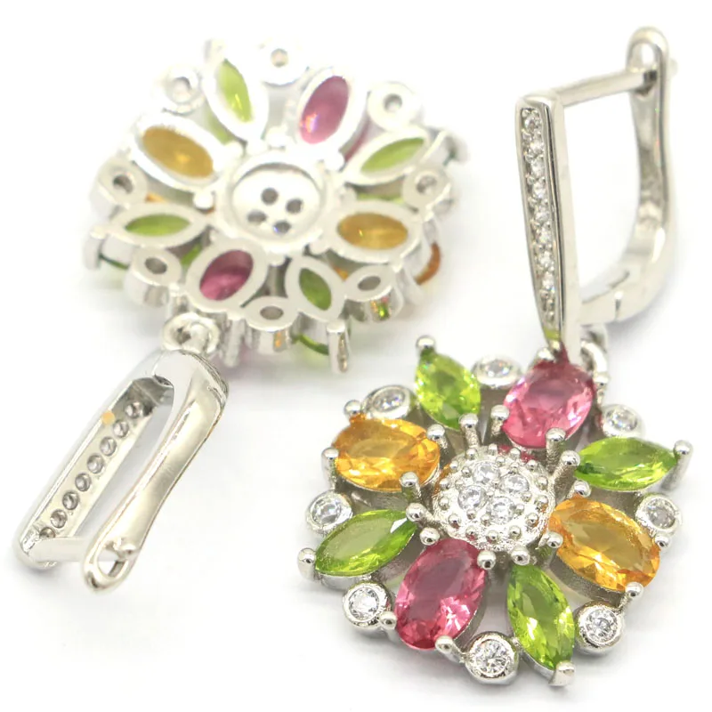 Buy 5 Get 1 Free 37x18mm Multi Color Pink Tourmaline Golden Citrine Peridot London Blue Topaz CZ Silver Earrings