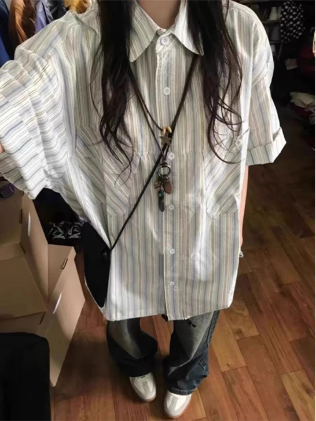 Loose Fit Women's Vintage American Striped Shirt Short Sleeve Summer Casual College Style Top Trendy Button down