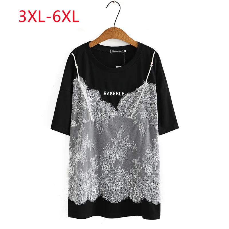 

Large Womens 2022 summer slim high waist loose lace trim long Plus Size short sleeve T-shirt 3XL 4XL 5XL 6xl