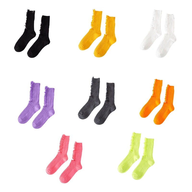 Women Beggar Shabby Ripped Hole Socks Ribbed Fluorescent Skateboard Hosiery