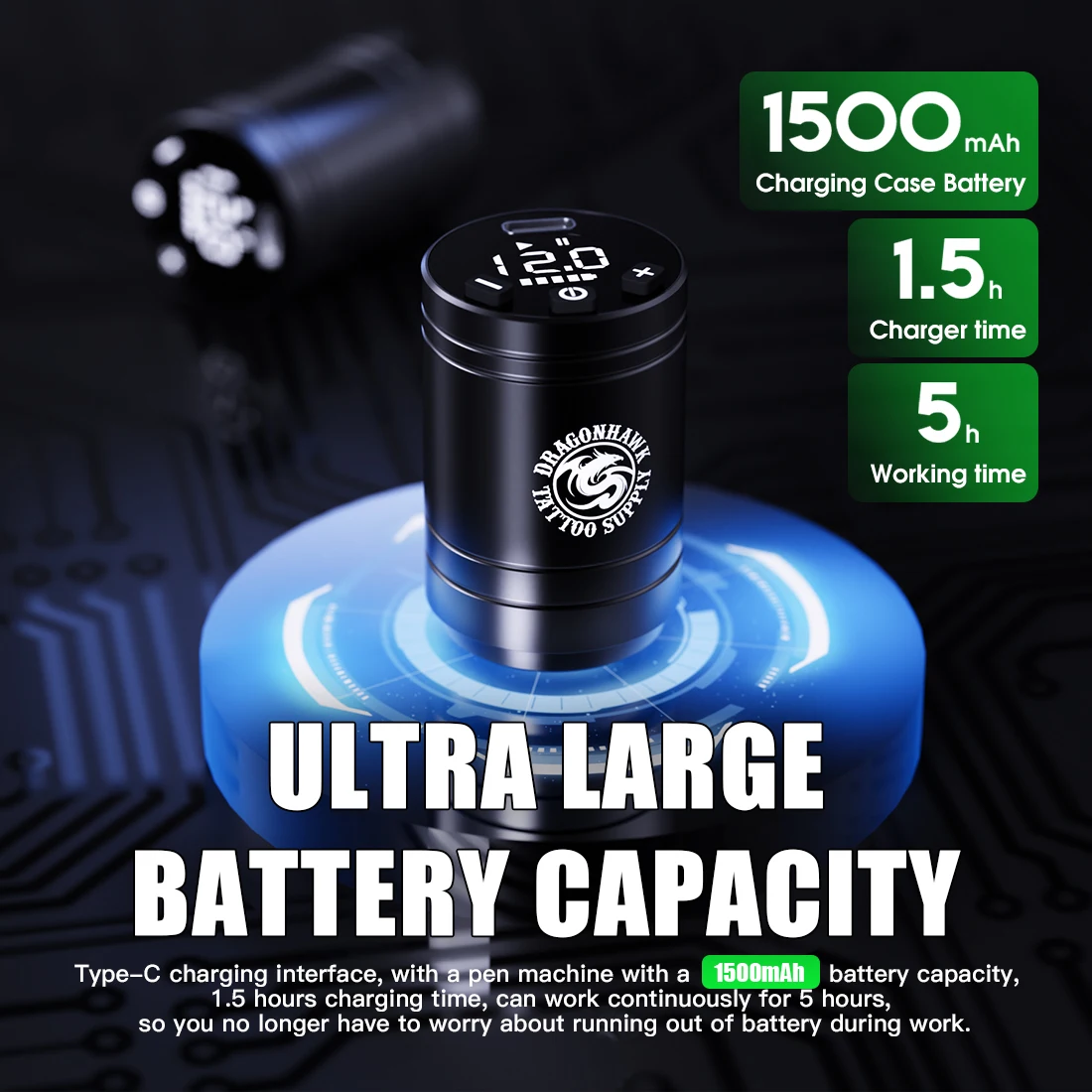 드래곤호크 울트라 대용량 배터리 1500mAh 무선 펜 7 스트로크 길이 타투 머신