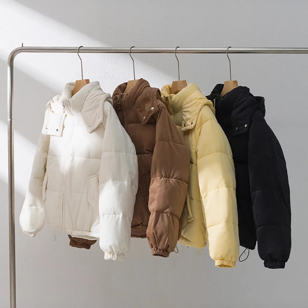 

Casual Down Cotton Jackets Women's Winter Corduroy Texture Solid Color Hooded Thick Warm Coats Snow Wear Cotton Padded Overcoats