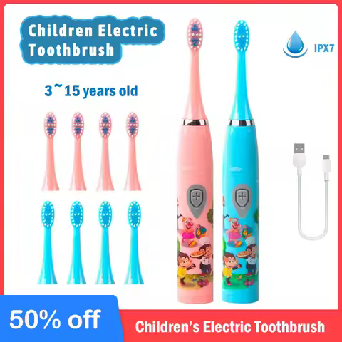 Child's Sonic Electric Toothbrush Rechargeable Colorful Cartoon USB Brush Kids Automatic IPX7 Waterproof With Replacement Heads