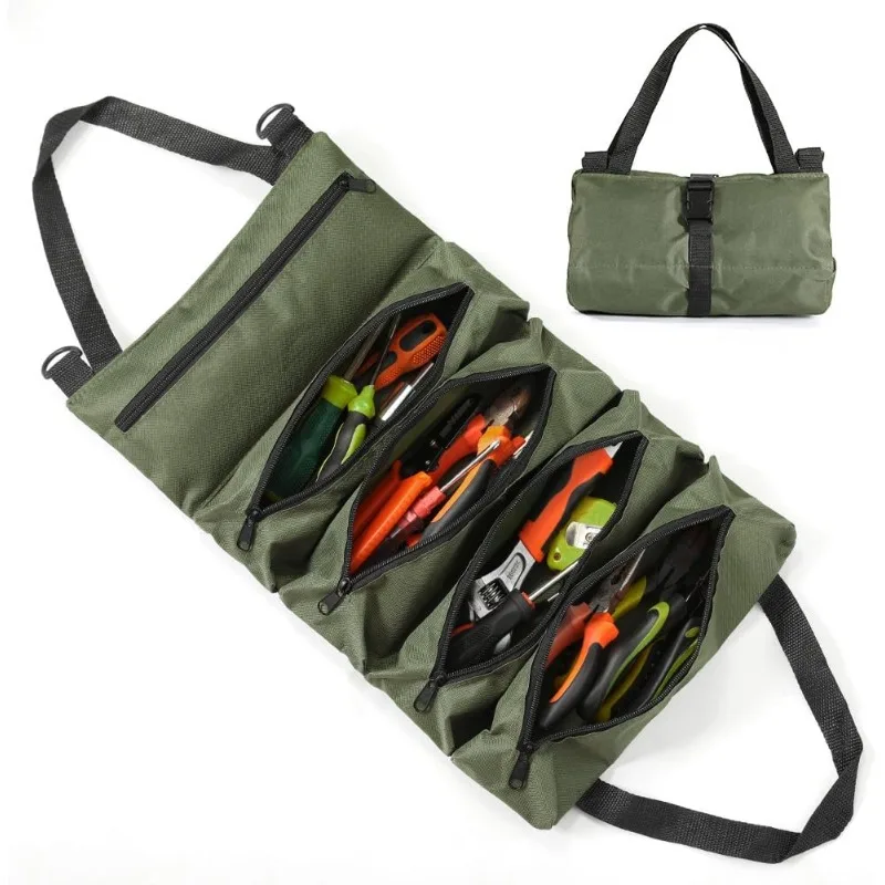 

Свернутый органайзер для инструментов, прочный дизайн с несколькими карманами для электриков, механиков, идеальный подарок на день отца, решение для хранения на открытом воздухе