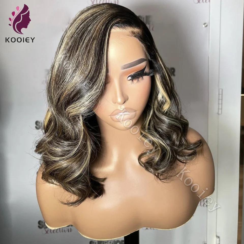 Full Body Wave Lace Frontal Bob Wig Highlight Blonde Colored Human Hair Brazilian Remy Short Bob Wavy 4x4 Closure Wigs For Women