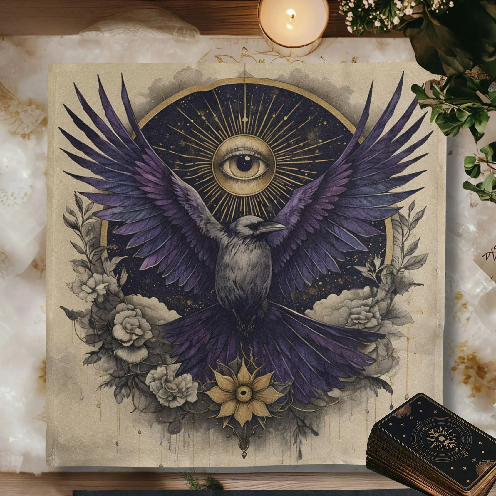 Raven Altar Cloth Mystical Third Eye Moon Design Witchy Tarot Cloth Pagan Witchcraft Decor Occult Divination Gift