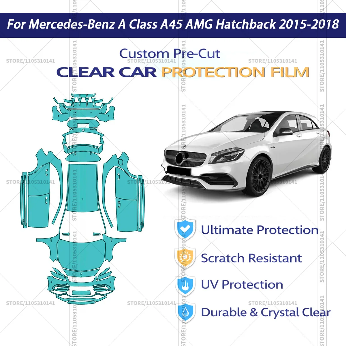 For Mercedes-Benz-A-Class-A45-AMG-Hatchback-2015-2018 Pre-Cut Paint Protection Film PPF Transparent Car Film Automotive PPF