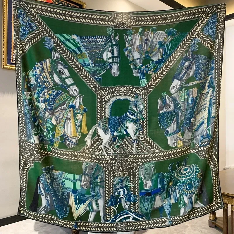

High-end Elegant Women Fine Marwari Knight Dance Double Sided Print Quality Silk Wool Handrolled Edge Large Square Scarf Shawl