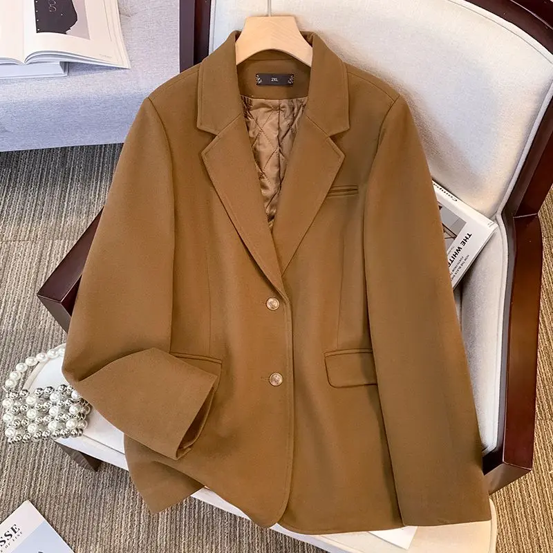 Insozkdg Retro Brown Women Autumn Winter Straight Solid Blazers Single Breasted Front Shoulder Female Temperament Suit Jackets