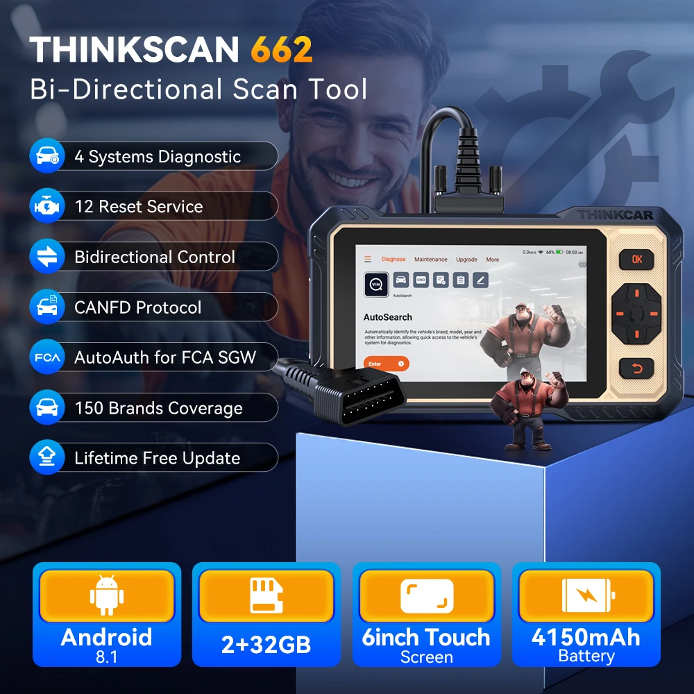 THINKSCAN 662 OBD2 Scan Tool Support CAN FD, Bi-direction Actuation 4 System Diagnosis 12 Reset Car Scanner Lifetime Free Update