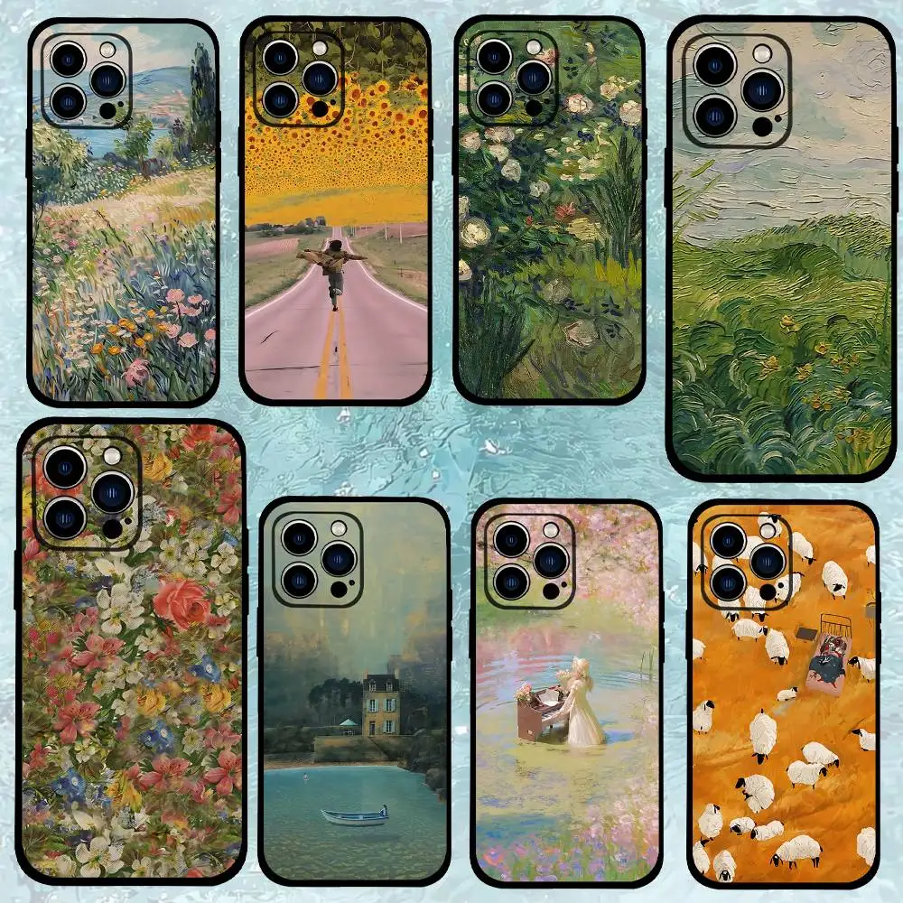 Van Gogh Monet Ölgemälde Handyhülle Schwarz Passend für iPhone 17,16,15,11,13,14 Pro Max,Plus,X,Xr,Xs Max,13Mini