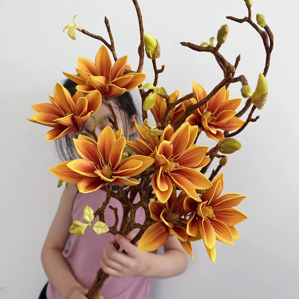 Flor Artificial de Magnolia de 70cm, sensación táctil, imitación degradado, flor de loto, rama, decoración para sala de estar, boda