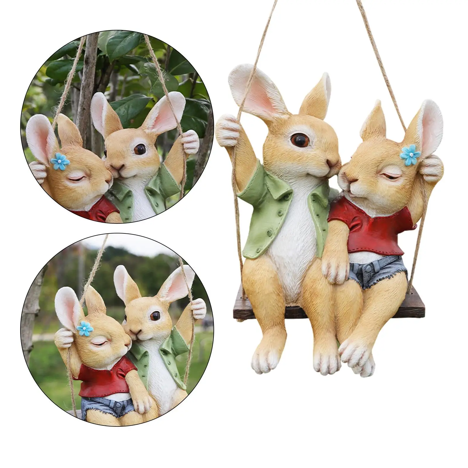 

Garden Rabbit Statues Outdoor Decor with Rope Hanging on Tree Resin Bunny Figurines for Trees Indoor Outdoor Yard Gifts