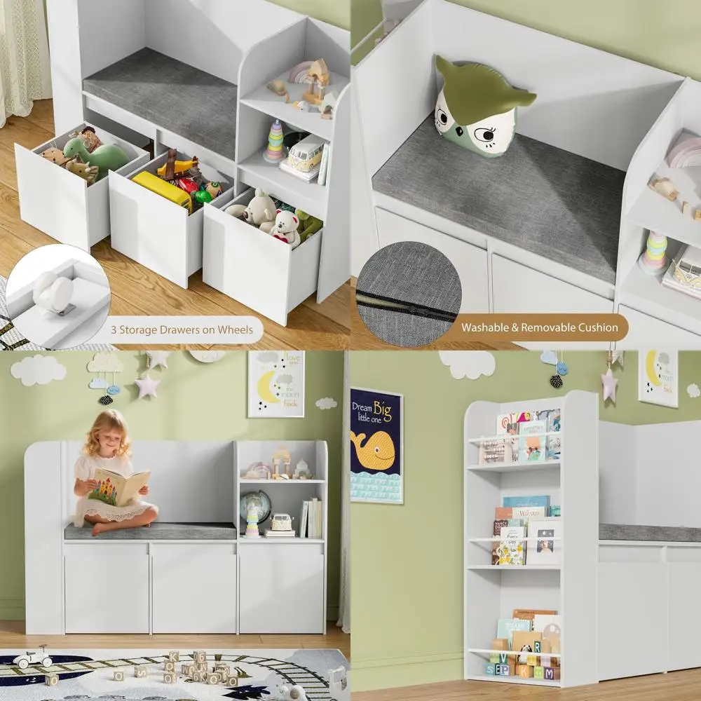 

Детский 3-ярусный книжный стеллаж с выдвижными ящиками, местом для хранения, зоной для чтения и мягким сиденьем - белый