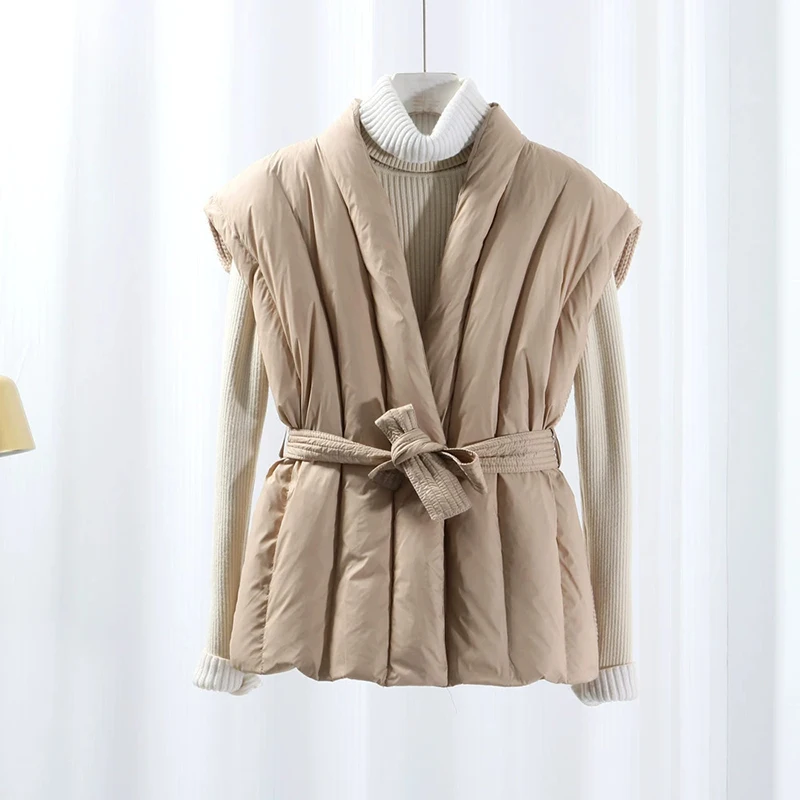 Schinteon feminino pato branco para baixo tricô lã colete outono inverno quente sem mangas jaqueta estilo coreano luxuoso topo 2025 novo