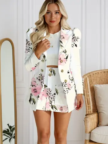 Conjunto casual elegante de dos piezas con estampado floral para mujer, chaqueta de traje de doble botonadura de manga larga y falda ajustada,