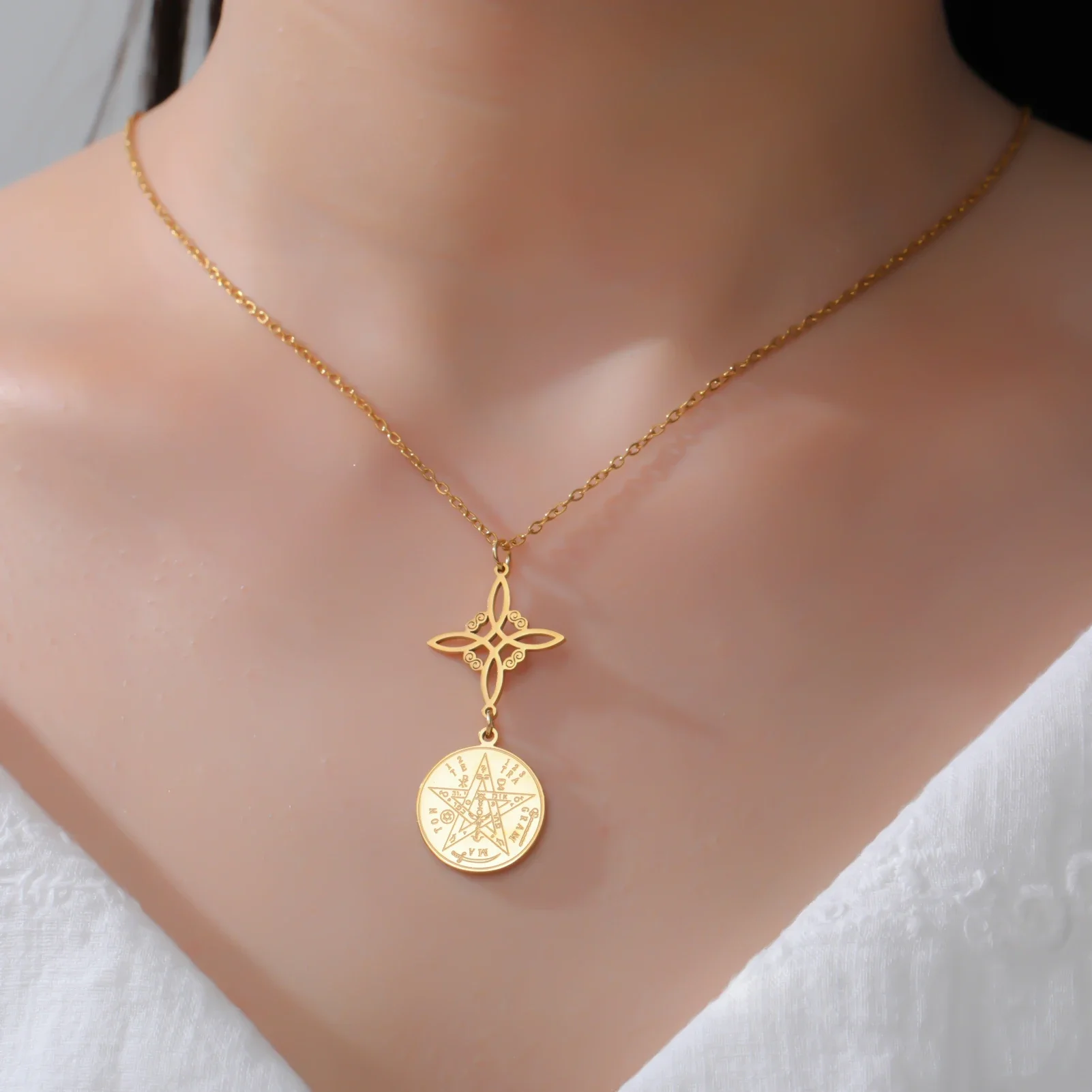 Skyrim Tetragrammaton Witch Knot Pendant Necklace Double Amulet Protection Stainless Steel Necklaces Pentagram Jewelry Gift