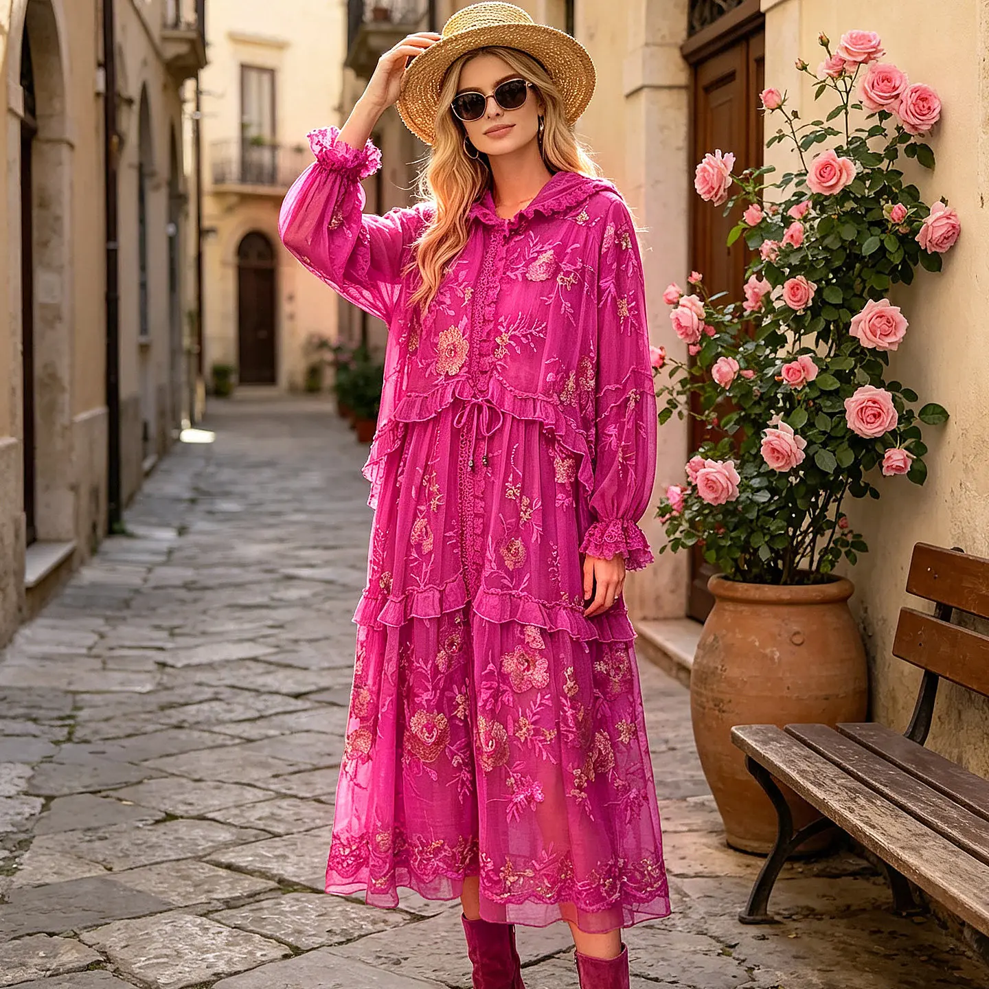 Spring and Autumn New Hooded Retro Rose Red Adjustable Waist Silk Fabric Non positioning Embroidery Elegant Women's Coat