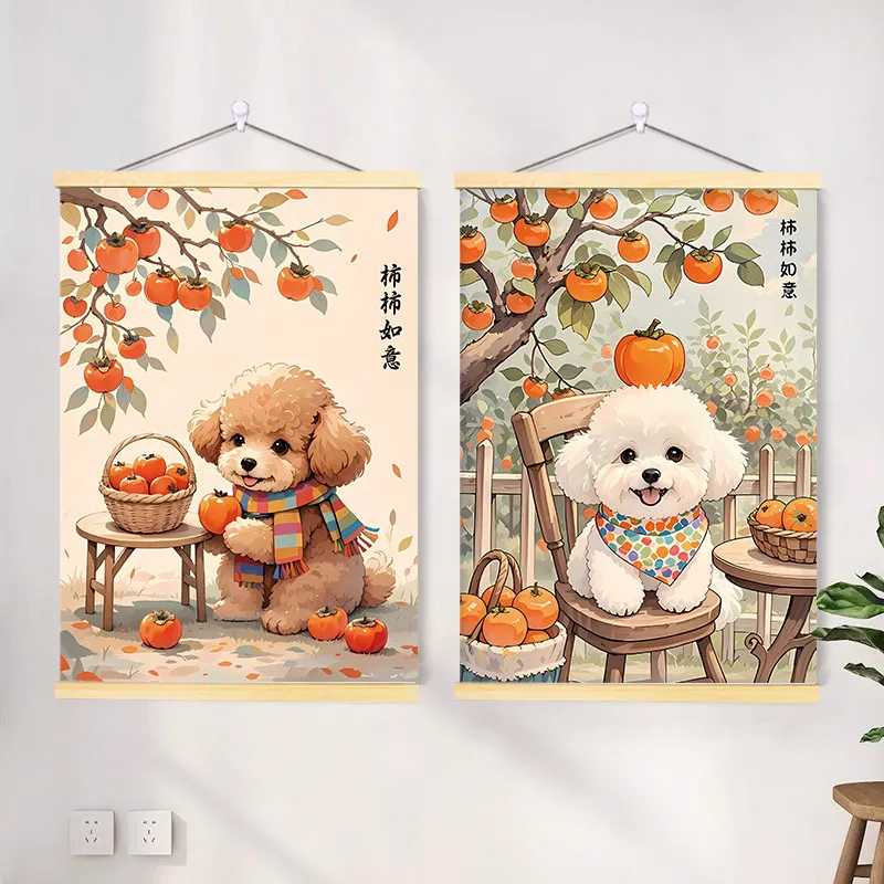 Wall Art Home Decor Cute Cat Dog Painting Hanging Scroll Set of 2 Persimmon Good Luck Kawaii Art for Bedroom Living Room