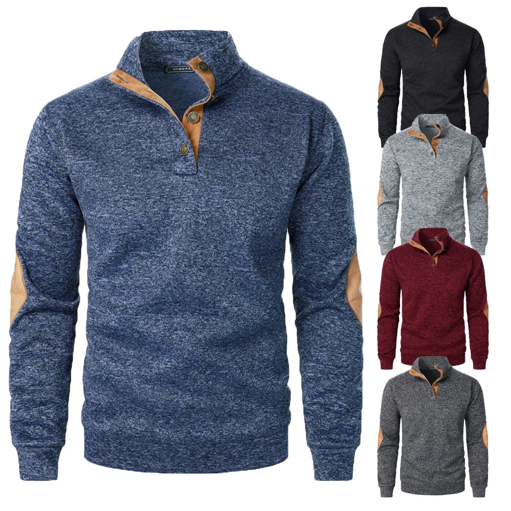 Herren Sweatshirt Button Down Stehkragen Hoodies für Männer Patchwork Herbst Sweatshirts Streetwear Vintage