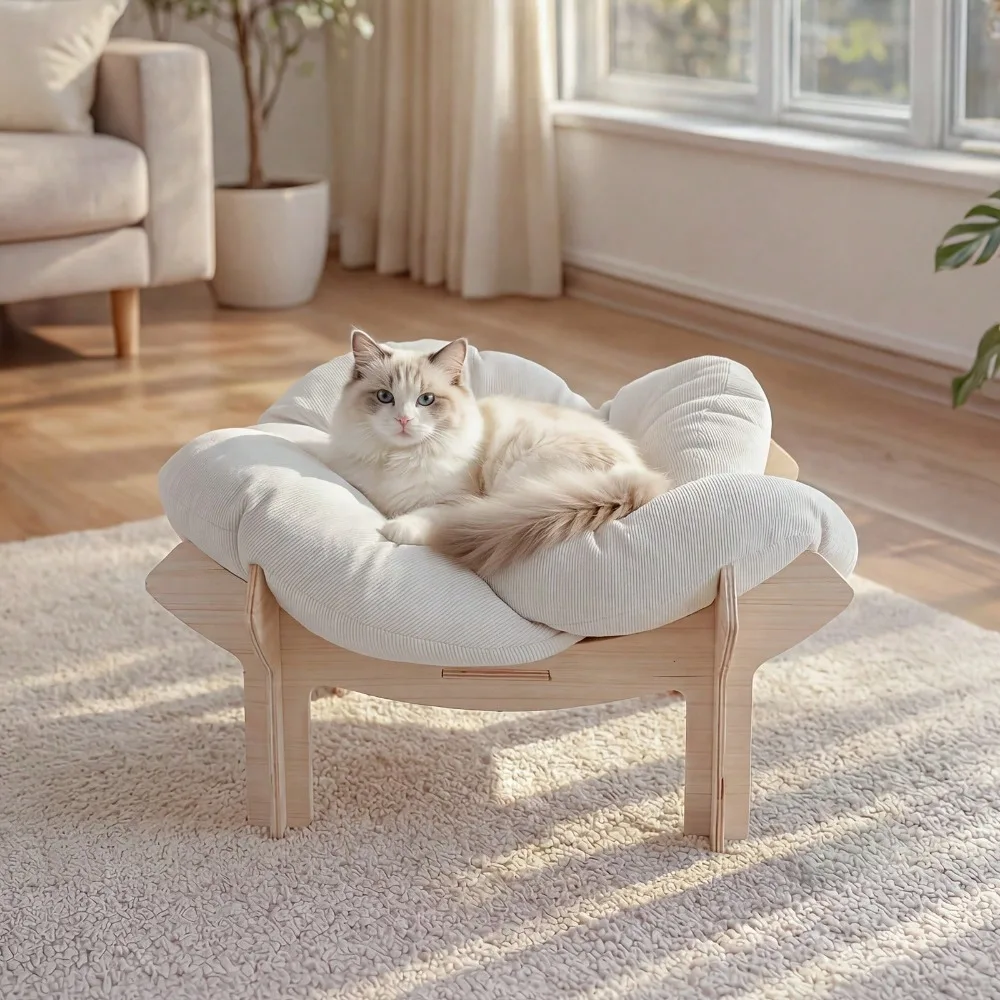

Large Flower-Shaped Pet Bed(Solid Wood Base/Removable Cushion) For Cat/Small Dog|Modern Luxury