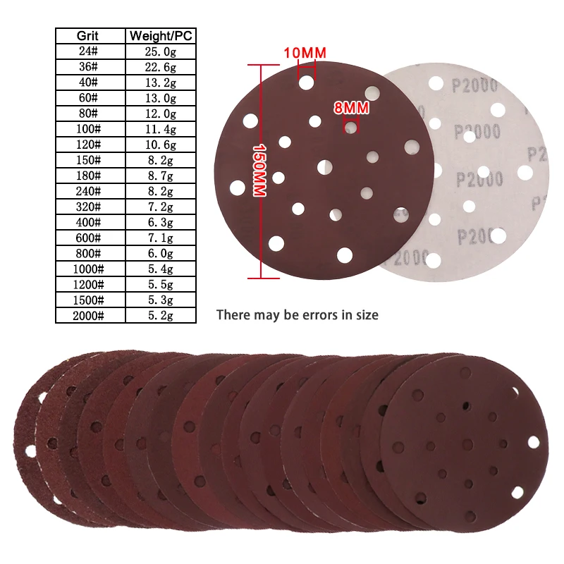 100Pcs 6 Inch Hook and Loop Sanding Disc 17 Hole Sandpaper 150mm,40-2000 Grit Aluminum Oxide for Random Orbital Sander Polishing