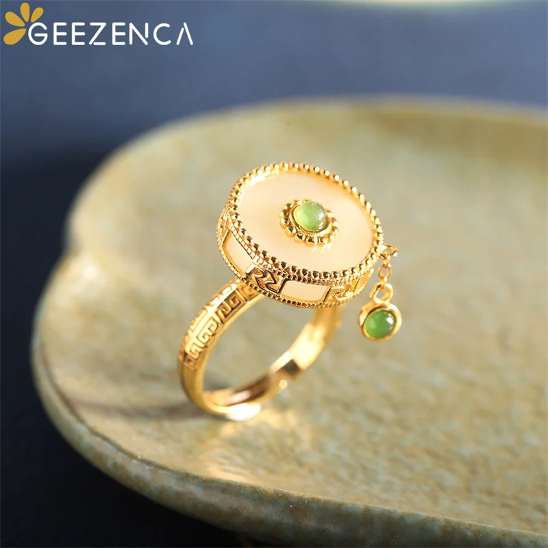 GEEZENCA 925 Sterling Silver Gold Plated Natural Jade Rotating Rings For Women Vintage Luxury Gemstone Lucky Ring 2022 New Trend