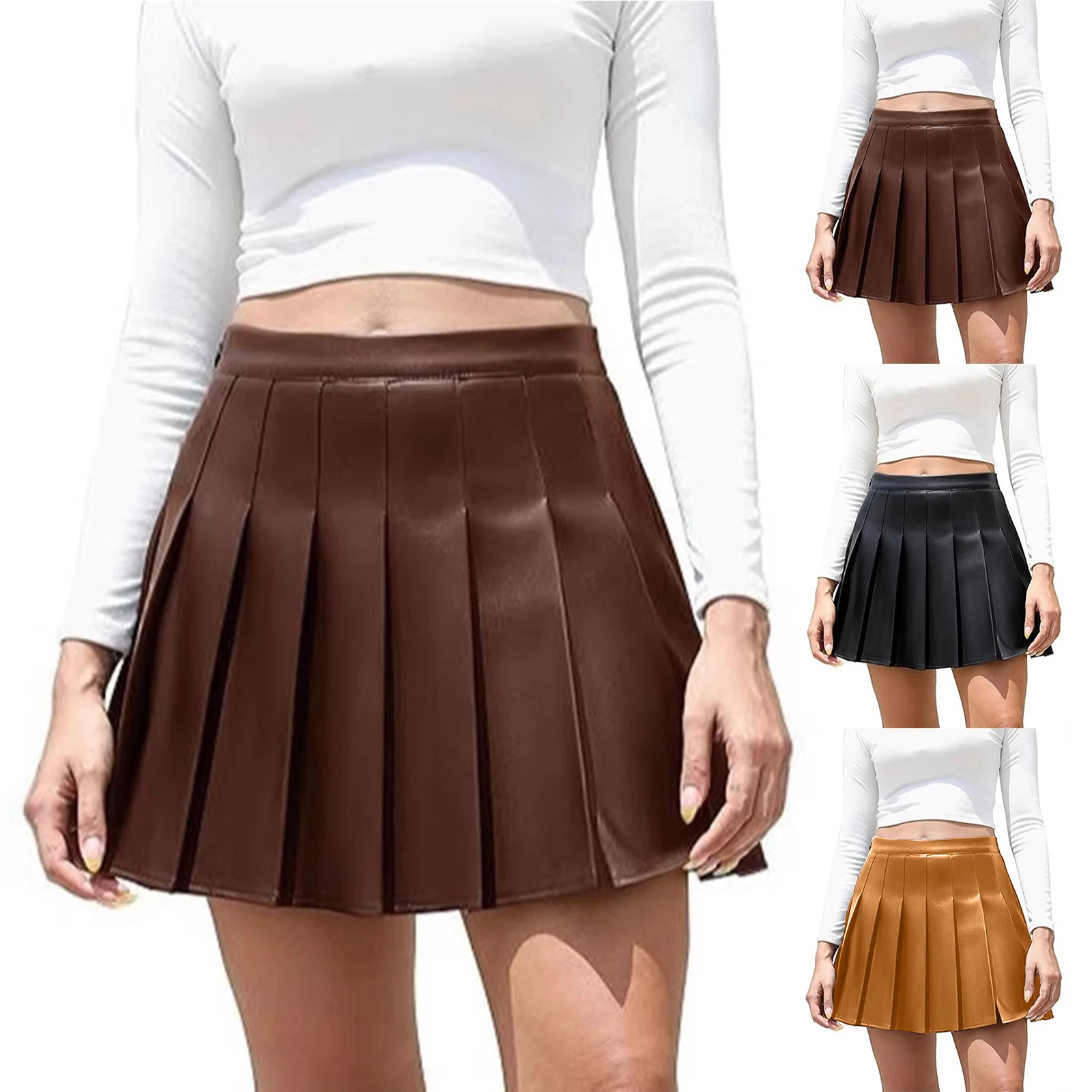 2026 New Women's Leather Mini Skirt Simple Basic Solid Pleated Skirt Sexy High-Waisted Short Skirt Daily Trendy Matching Skirts