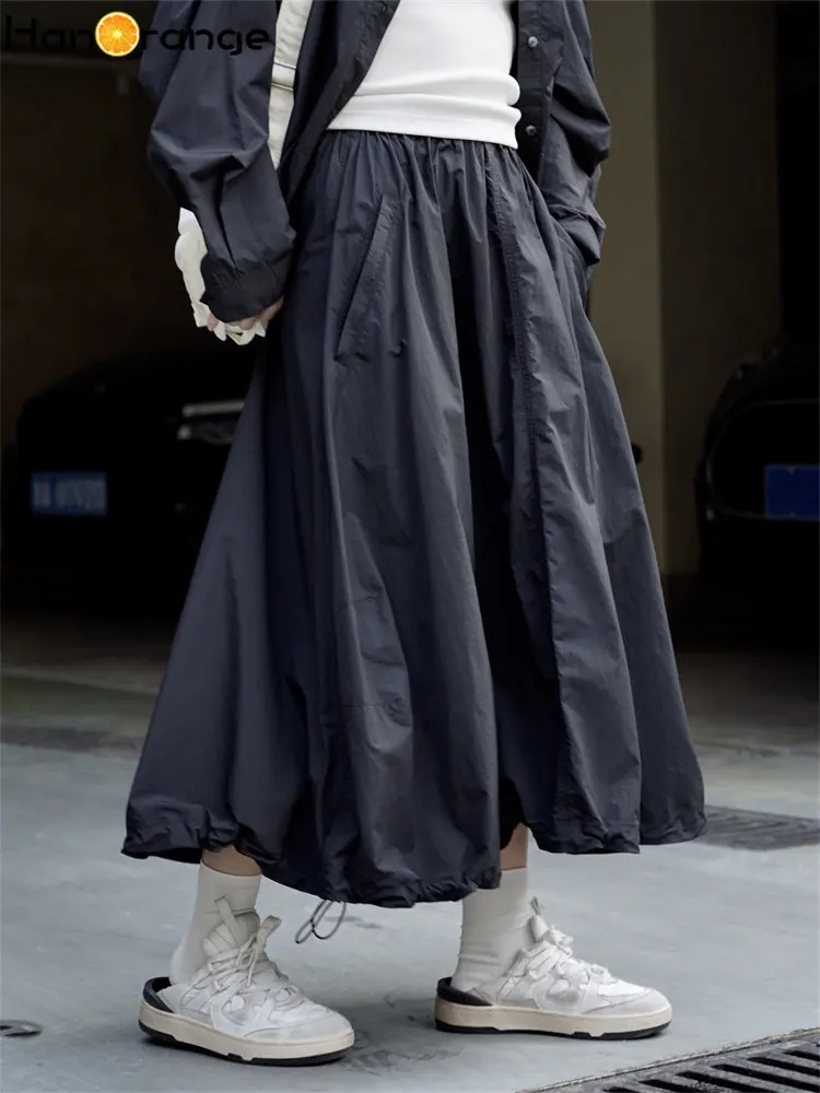 HanOrange 2024 Spring Summer Outdoor High Waist Skirt Drawstring Loose Breathable Umbrella Skirt A-line Midi Skirt Black/Khaki