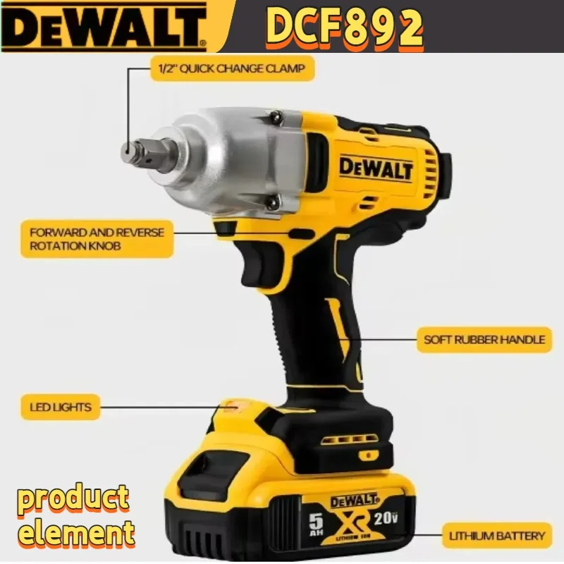 Dewalt DCF892 مفتاح ربط كهربائي بدون فرشاة 812N.m سائق تأثير لاسلكي عزم دوران عالي ثلاث سرعات أدوات كهربائية لإصلاح السيارات 1/2 بوصة