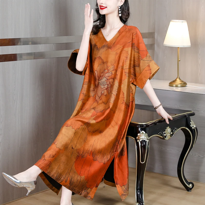 2023 New Fashion Silk Printed Dress Women\'s Spring Elegant Versatile 5/4 Sleeve Large Loose Fit Casual D Holiday Dress Vestidos