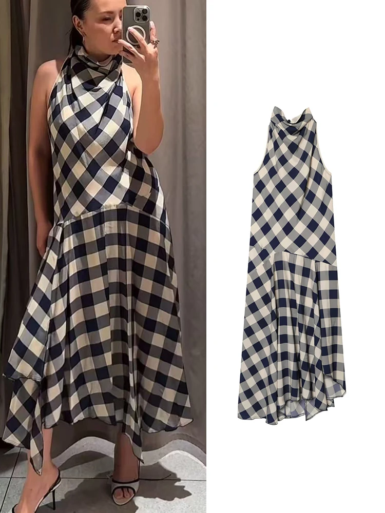 TFMLN Summer Women Plaid Dress Sleeveless Elegant Temperament Halter Neck Vintage Long Dress 2026 New Chic Irregular Dress