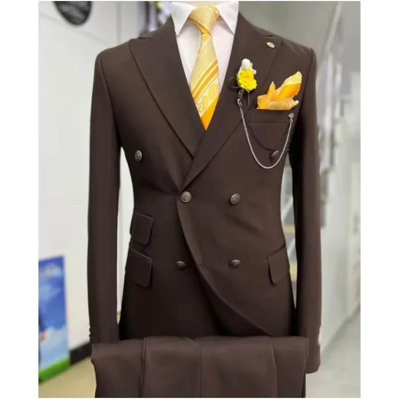 Navy Blue Double Breasted Men's Suits Six-buttons 2 Piece Set Blazer Pant Custom Made Wedding Tuxedos Male Prom Party Suits