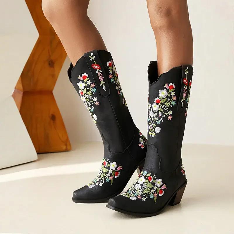 

Vintage Embroidered Flower Pointed Western Cowboy Boots Square Toe High Heel Sleeve Riding Boots Women's Plus Size Mid Leg Boots