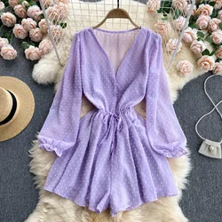 Women Dot Chiffon Rompers Long Sleeve V Neck Casual Loose Overalls Jumpsuits Summer Korean Wide Leg Beach Playsuits