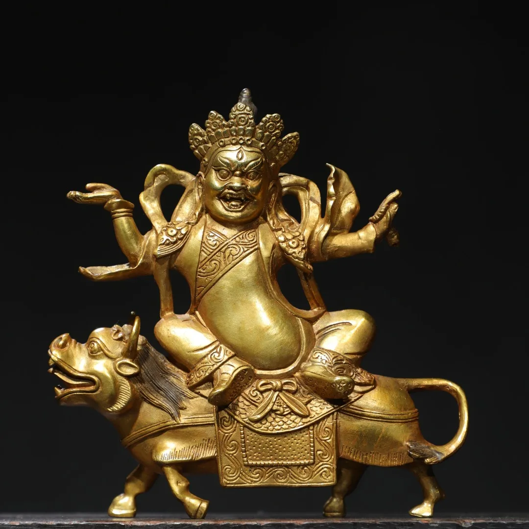 

8"Tibetan Temple Collection Old Bronze Gilded Cinnabar Black God of Wealth Black Jambhala Sitting Buddha Worship Hall