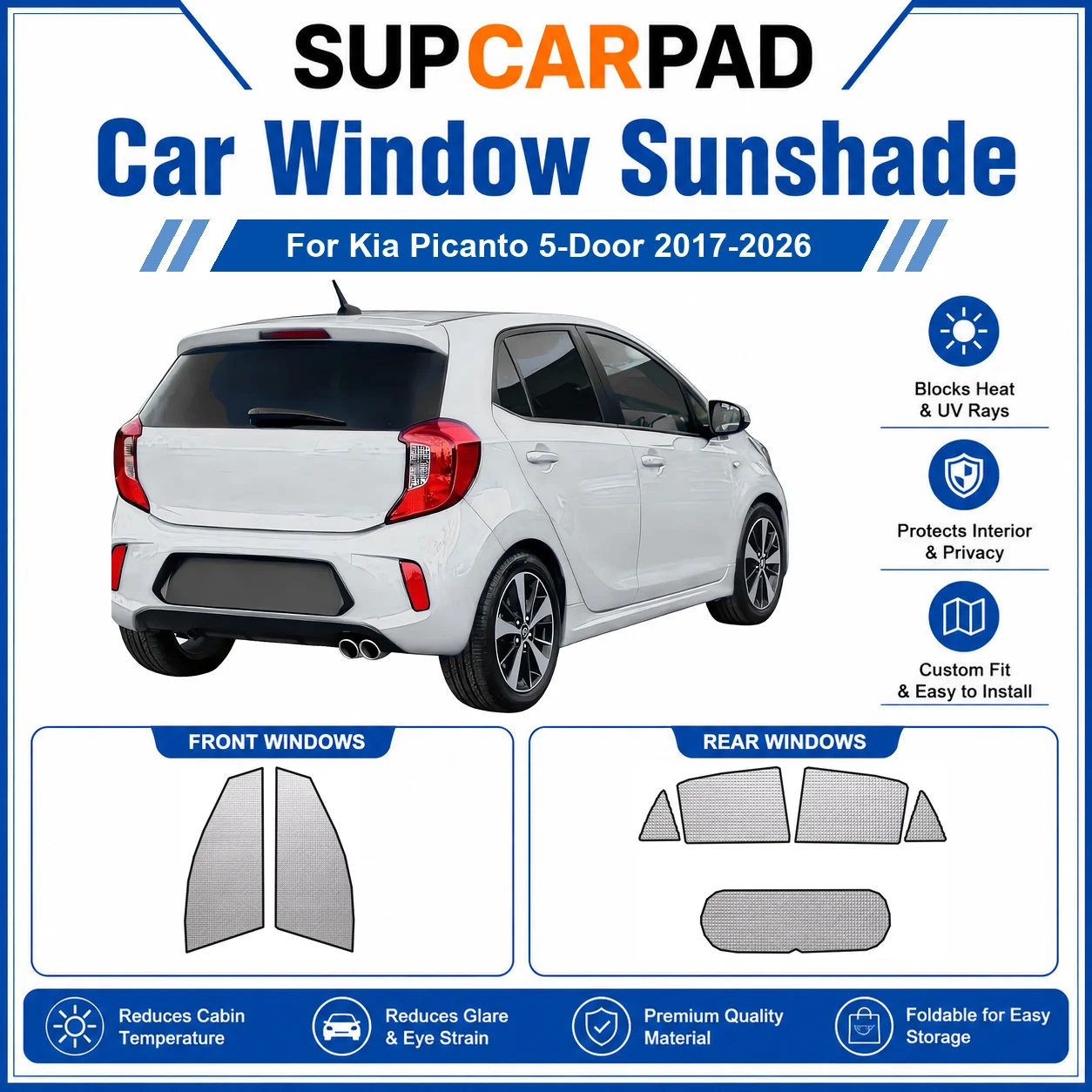 For Kia - Kia Picanto 5-Door 2017-2026 Full Set Car Window Sunshades UV Block Privacy Heat Insulated Foldable Car Curtain