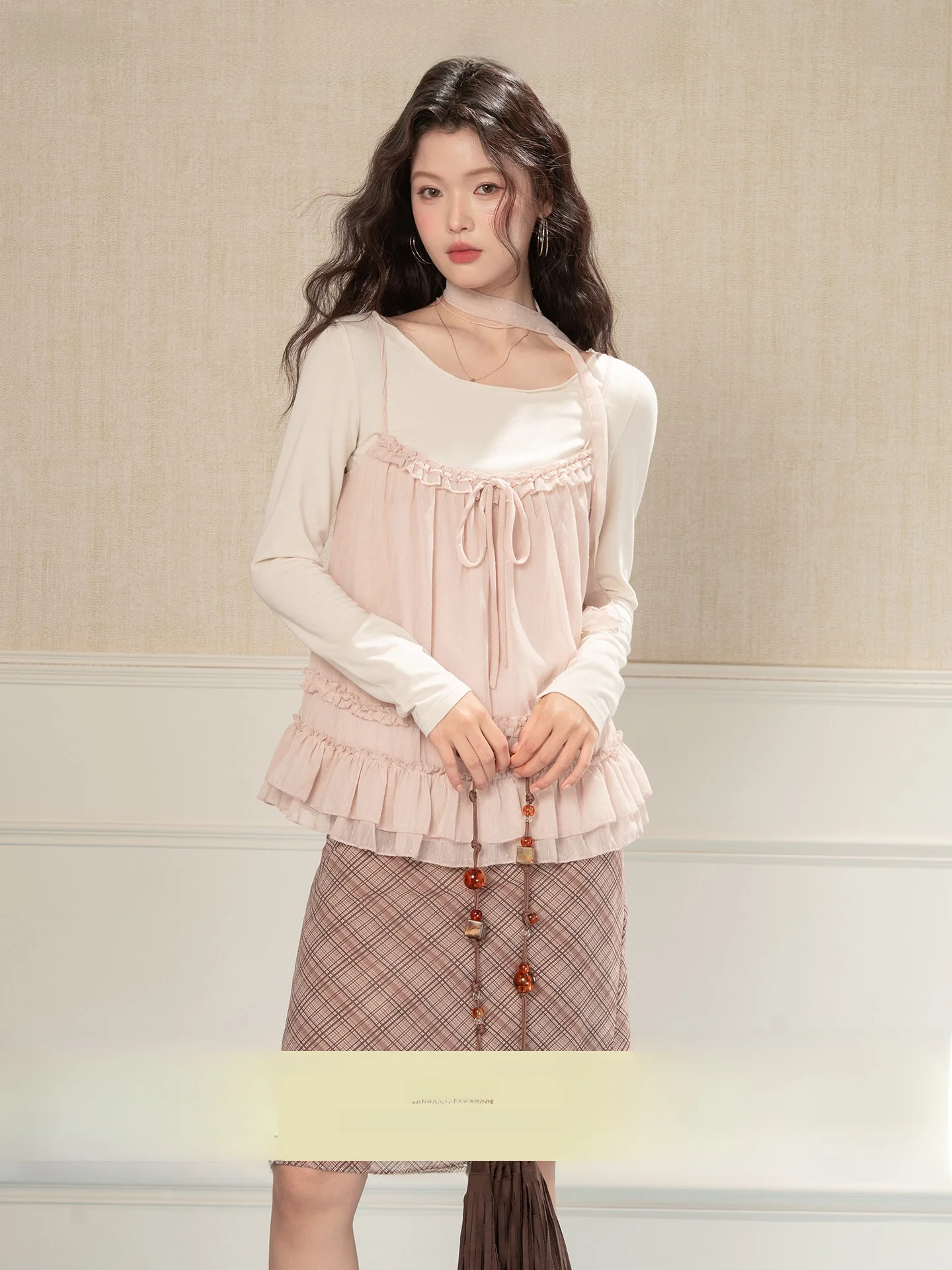 

Sweet Pink Polka Dot Long Sve round Ne T-irt Set Heynew Spring Collection Women's Casual Sle Two-Piece Suit