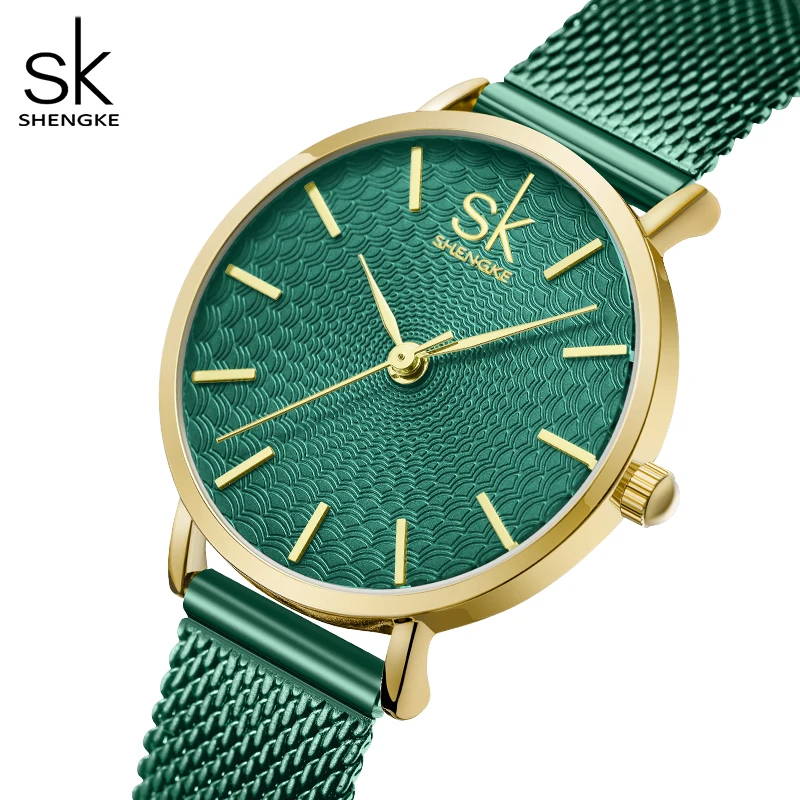 Shengke Watch For Women Special Green Dial Fashion Montre Femme Japanese Quartz Movement Ladies Watches Slim Adjustable Band