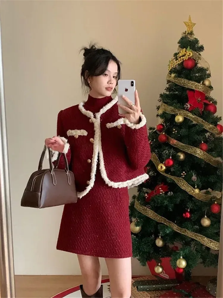 Small Fragrance Tweed Two Piece Sets Women’s Elegant Outfits for Spring and Autumn Trendy Cropped Blazer Jacket+Mini Skirt Suit