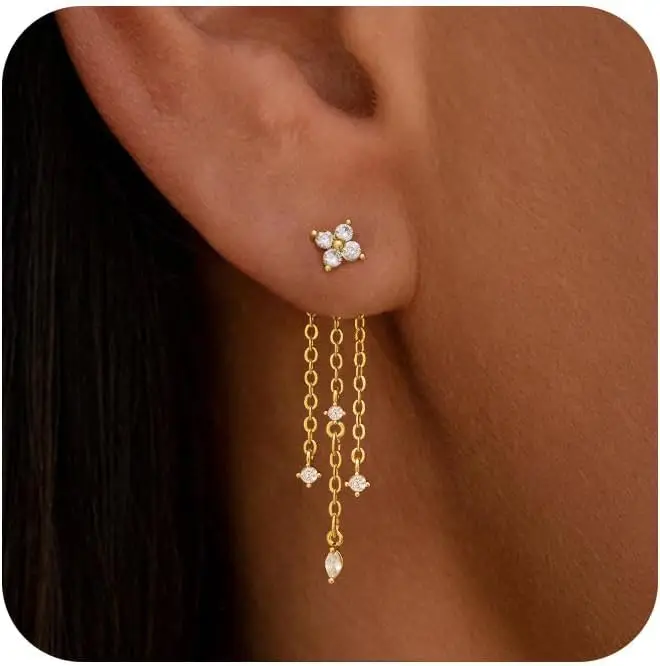 

Long Gold Plated CZ Drop Earrings for Women, Trendy Dainty Chandelier Studs, Hypoallergenic & Elegant Wedding Prom Jewelry