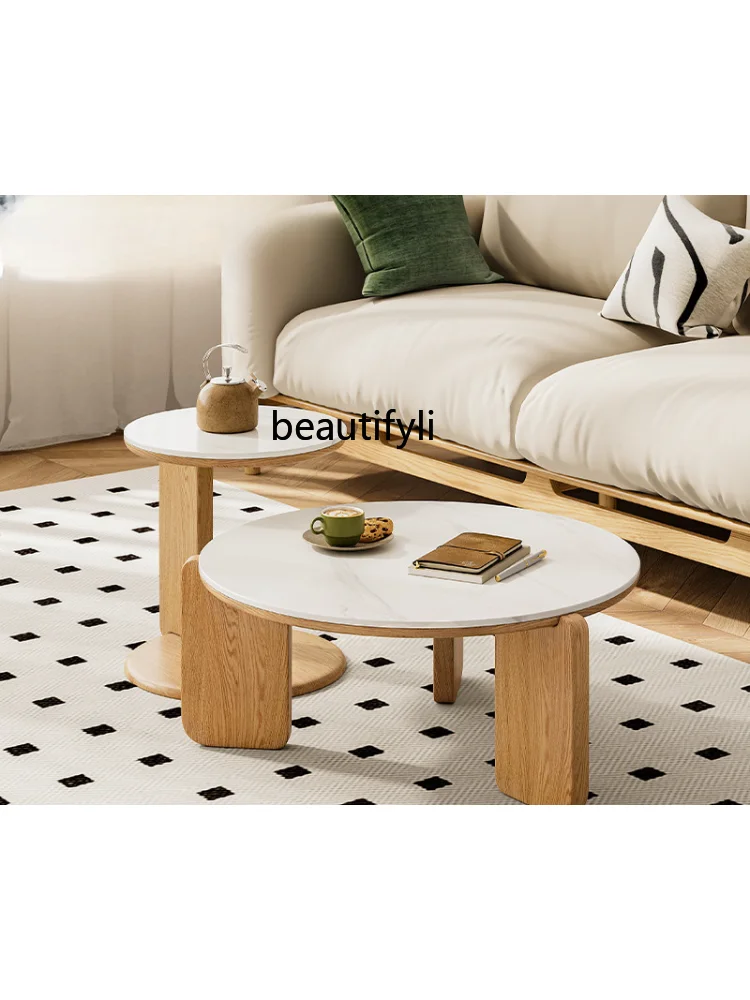 Nordic Solid Wood Coffee Table Living Room Home Sofa Side Table Oak round Tea Table Log Size Stone Plate Tea Table Combination