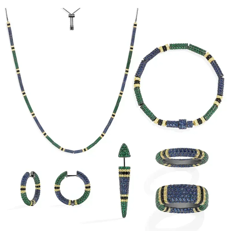 PPFF S925 argent Sterling bleu vert coloré segmenté bague boucles d'oreilles Bracelet collier femmes Rock Punk Style rétro bijoux cadeau