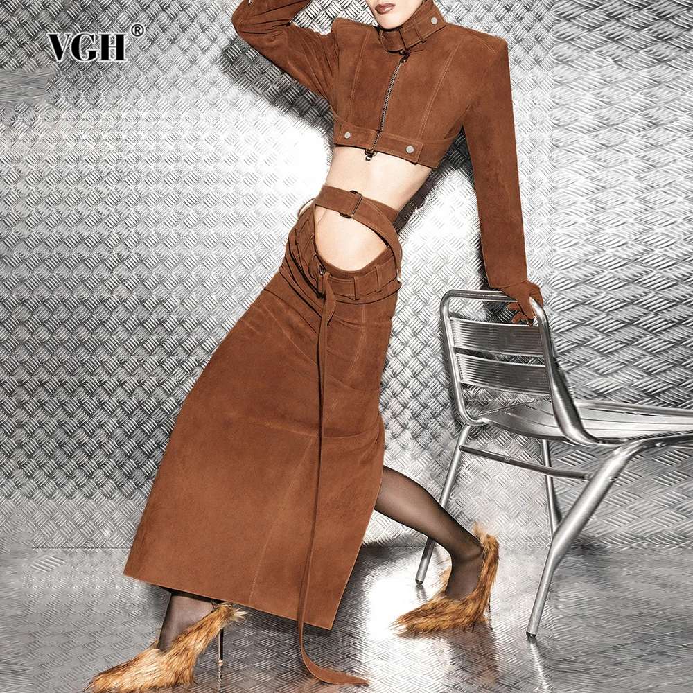 

VGH Slimming Solid Sexy Suede Skirts For Women High Waist Spliced Belt Autumn Temperament Straight Skirt Female Fashion Style