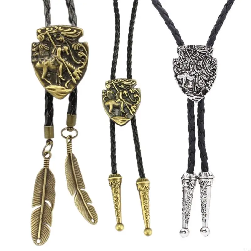 E56A Mens American Bolo Tie Western Cowboy Metal Knight Badges Necklace Feathered Pendant Shirt Collar Leather Rope Necktie