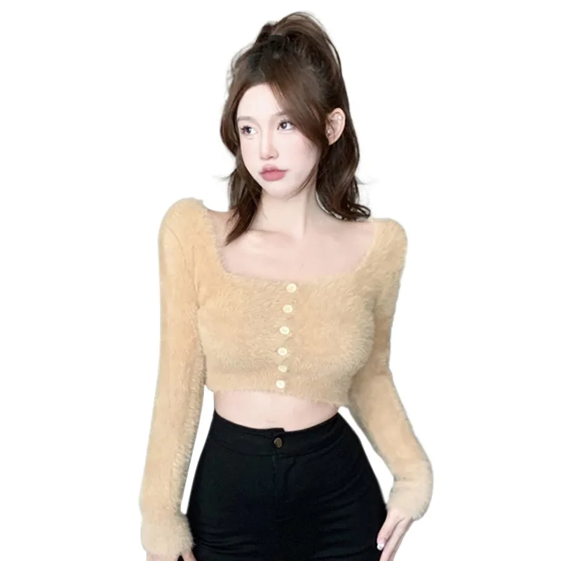 Women's Cropped Cardigan Sweaters Female Slim Expose Navel Plush Top Solid Color Square Neck Long Sleeves Cardigan Knitted Top