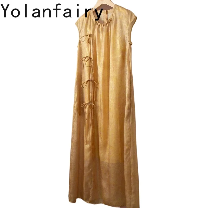 YOLANFAIRY Zweiteiliges Set für Damen, ärmelloses Slip-Kleid, 100 % echte Maulbeerseide, Organza, goldgewebt, lockere, elegante Kleider, Jacquard