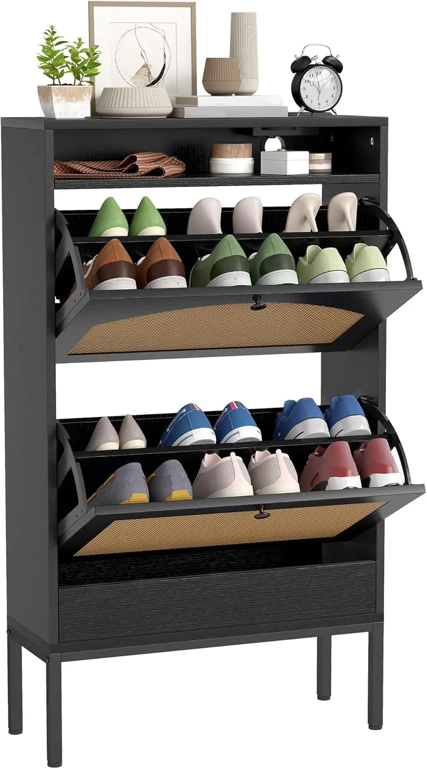 

Narrow Shoe Storage Cabinet with 2 Rattan Flip Drawers, with Built-in Recessed Power Strip, Freestanding Shoe Rack Cabinet