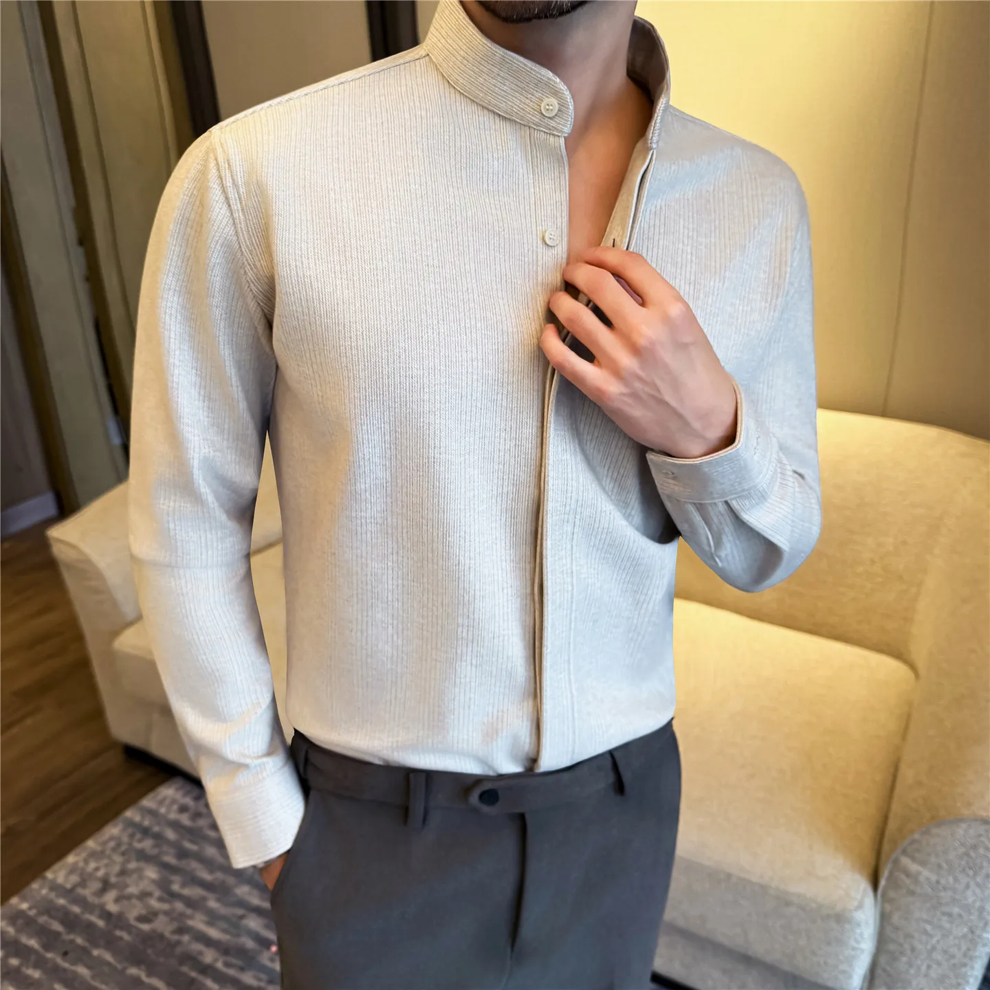 Autumn Winter Men's High Quality Thick Smart Casual Shirts Solid Color Warm Stand Collar Long Sleeve Fashion Woolen Shirt Men